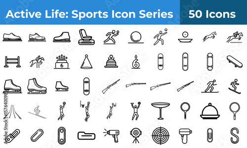 A collection of fifty black and white line icons representing various sports and active lifestyle elements
