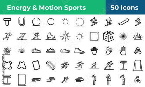 Energy and motion sports icons showcasing various athletic activities and related equipment in outline style