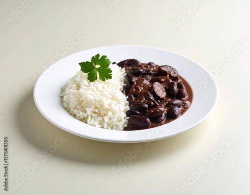 Feijoada brasileña en plato blanco
