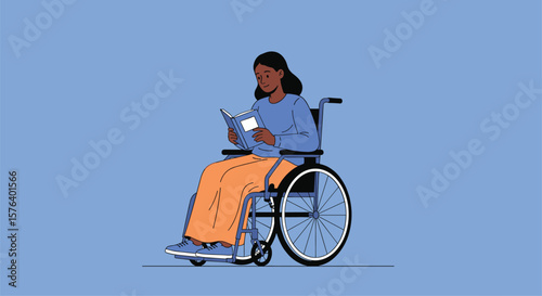 Illustrating the empowering journey of a person with disabilities engaging in reading and self-improvement