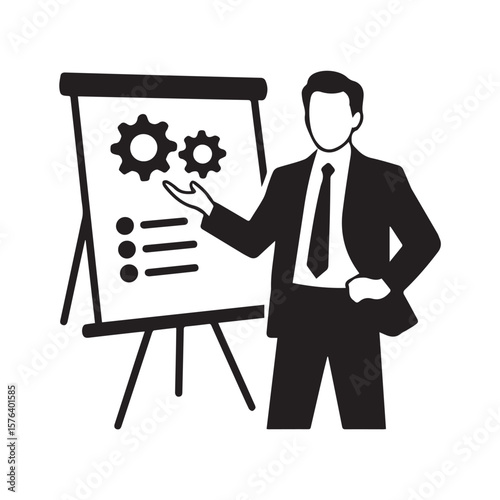Business man in suit presenting with a flip chart showing gears and bullet points for strategy and planning