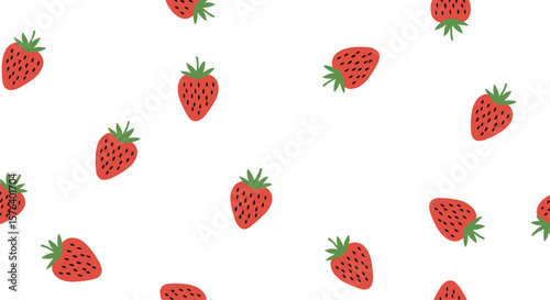 A charming background pattern featuring scattered delicious red strawberries with green leaves on a clean white backdrop