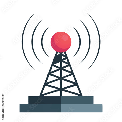 Stylized transmission tower with a red sphere on top emitting radio waves symbolizing wireless communication and broadcasting