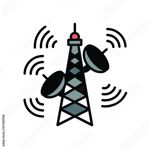 Stylized illustration of a communication tower with satellite dishes and radiating signal waves on a white background