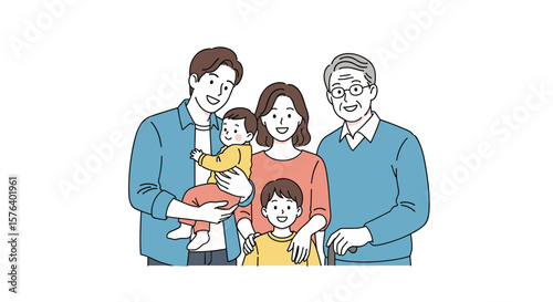 A happy multi-generational family posed together for a portrait on a white background representing unity and love