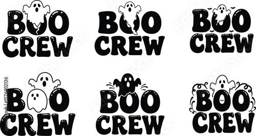 Boo Crew Cute Ghost Typography Vector for Halloween Party and Spooky Design .