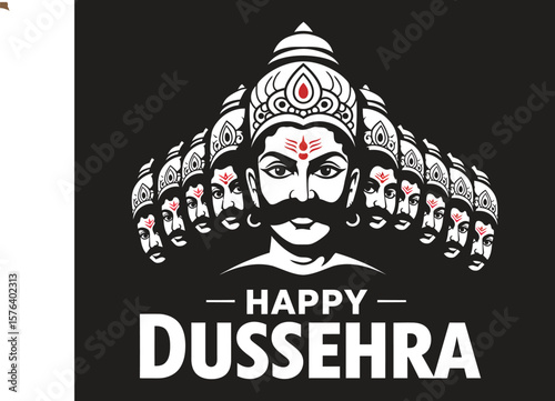 Happy Dussehra typography with Ravana Faces Illustration on black background.