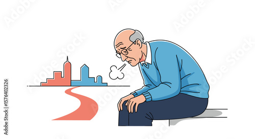 An elderly man struggling to breathe in an urban environment with a winding path leading to distant buildings signifying a difficult journey ahead