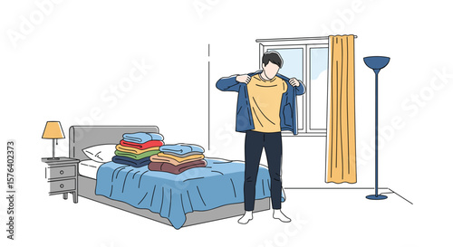 Young man getting dressed in bedroom preparing for the day ahead