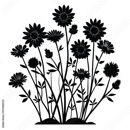 Black silhouette of blooming flowers and buds on stems with leaves floral nature