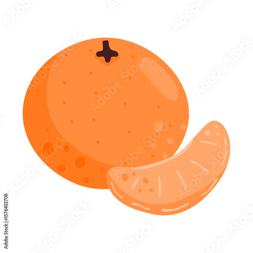 Mandarin. Tangerine. Whole fruit and a slice. Citrus fruits. Juicy fruit.