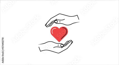 Two cupped hands gently holding a bright red heart symbolizing love care and compassion in a gesture of support and protection for well-being and health