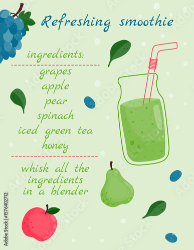 Recipe for a refreshing smoothie. Grapes, pears, apples, spinach.