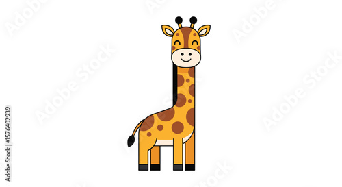 A charming cartoon giraffe with a very long neck and distinctive spots smiling happily