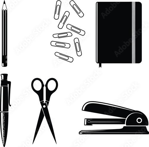 Minimal black and white office supplies icons including pencil pen scissors notebook stapler