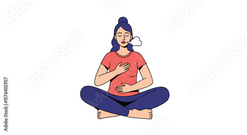 Woman practicing deep breathing exercises to relieve stress and improve mental well being through meditation and mindfulness techniques