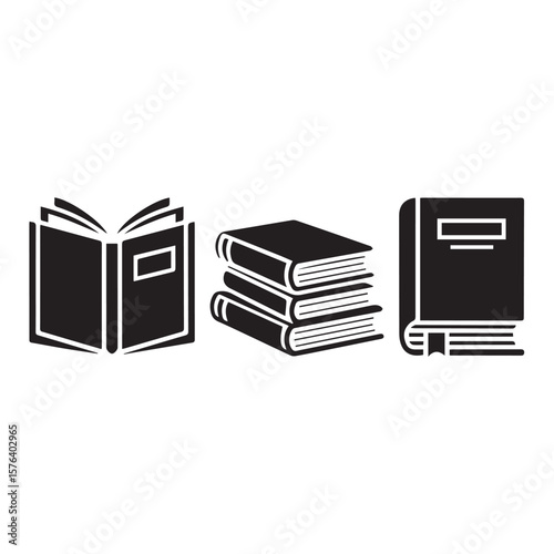 Collection of three black silhouette icons representing different types of books including an open book a stack of closed books and a single closed book with a bookmark
