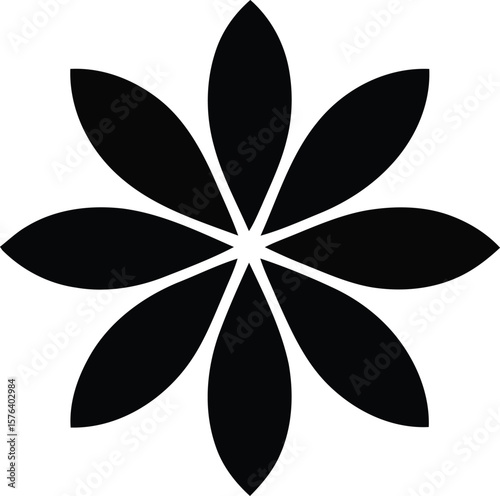 Abstract symmetrical eight petal flower design in black on white background illustration