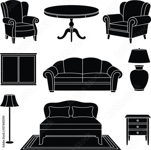 Black silhouette furniture icon collection featuring chairs sofa table lamps bed cabinet