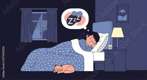 A peaceful night of deep sleep for a tired person resting comfortably in bed with a pet nearby and dreams of restful slumber filling the air with serene tranquility