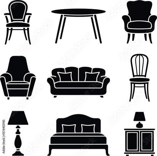 Black silhouette furniture icons representing various home decor pieces vector set illustration
