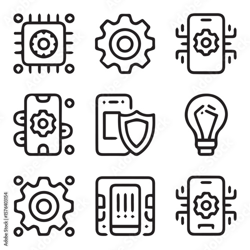 Set of technology icons featuring gears processors smartphones and a lightbulb representing innovation and digital solutions