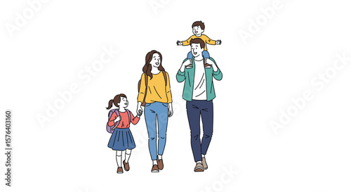 A heartwarming sketch of a happy family walking together with their children enjoying a playful moment together outdoors