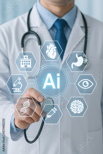 Artificial intelligence in healthcare concept doctor holding stethoscope with medical icons around ai symbol