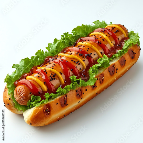 Hotdog with tomatolettuceketchup and mustard sauce isolated on a white background