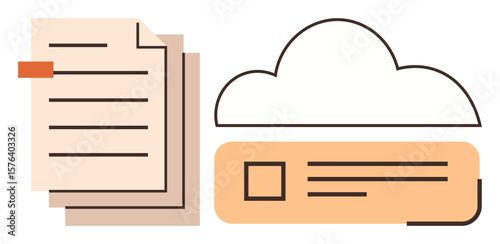 Stack of papers next to a cloud connected digital file. Ideal for cloud storage, file sharing, organization, data access, digitalization, workflow management, simple flat metaphor