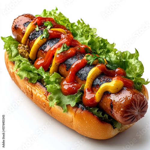 Hotdog with tomatolettuceketchup and mustard sauce isolated on a white background