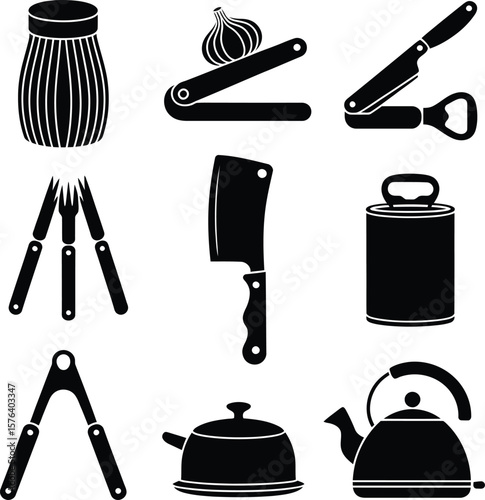 Black silhouette kitchen utensils and cooking appliances on white background illustration set