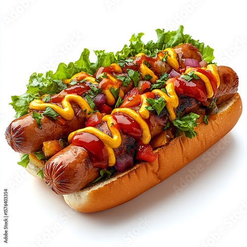 Hotdog with tomatolettuceketchup and mustard sauce isolated on a white background