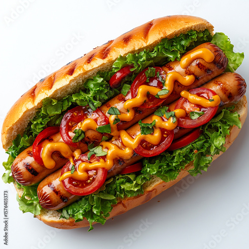 Hotdog with tomatolettuceketchup and mustard sauce isolated on a white background