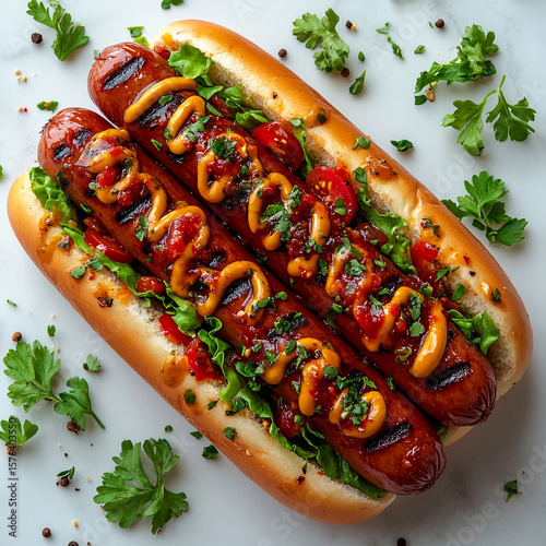 Hotdog with tomatolettuceketchup and mustard sauce isolated on a white background