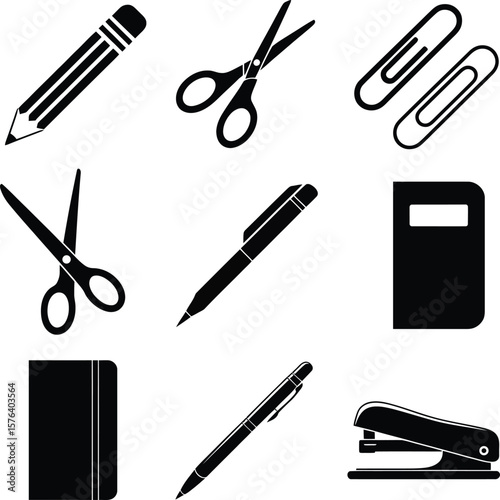 Black and white icons for essential school and office supplies vector pack set