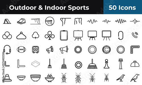 A collection of fifty line art icons featuring sports, household items, and other miscellaneous objects
