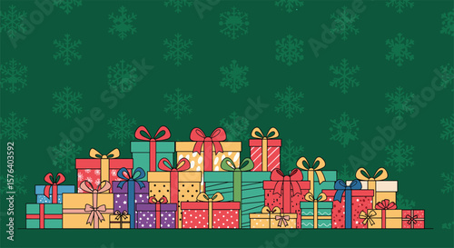 A festive collection of beautifully wrapped christmas presents decorated with ribbons and bows amidst a snowy winter wonderland background