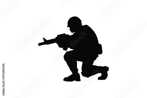 Soldier Kneeling and Aiming Rifle Silhouette on White Background Military Operation Combat Army War Defense and Protection Black and White silhouette