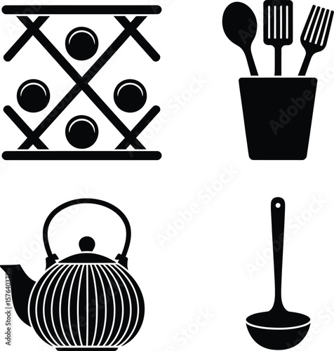 Kitchen utensils and game icons featuring teapot ladle and spatula vector illustration series