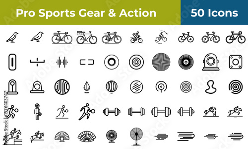 A collection of fifty sports and action related icons displayed in a grid pattern on a white background