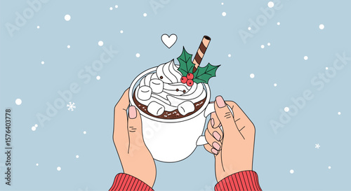 Warm winter beverage delight with festive toppings and gentle snowfall creating a cozy atmosphere