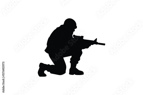 Soldier Kneeling and Aiming Rifle in Black Silhouette Style Isolated on White Background Depicting Military Operations and Tactical Warfare Silhouette