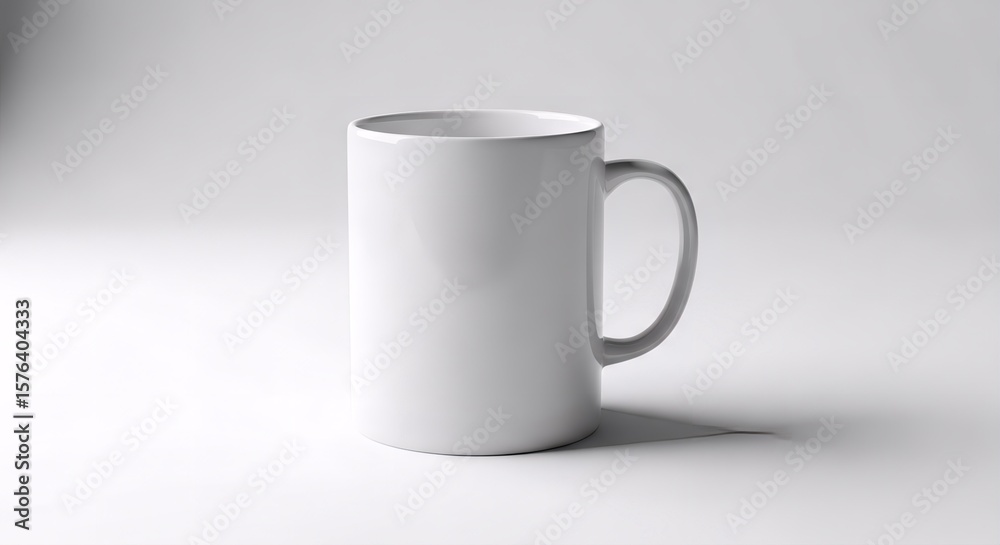 Obraz premium A clean white coffee mug is presented on a bright background, showcasing its simple design and smooth surface, ideal for customization or promotional use.