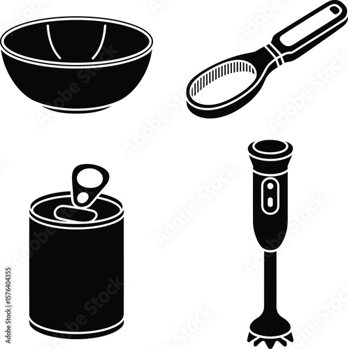Kitchen utensils icons including bowl can opener and immersion blender vector set