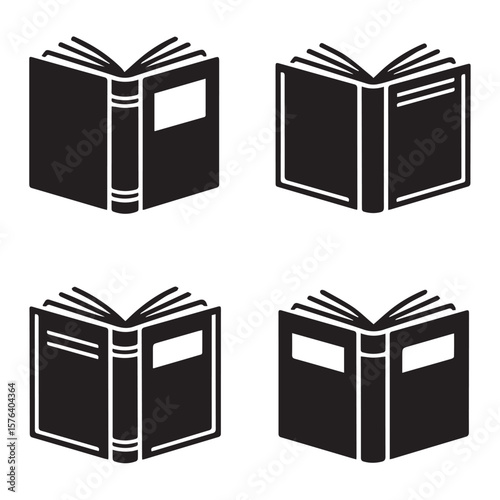 Set of four black open book icons with white pages and covers on a white background representing knowledge and learning