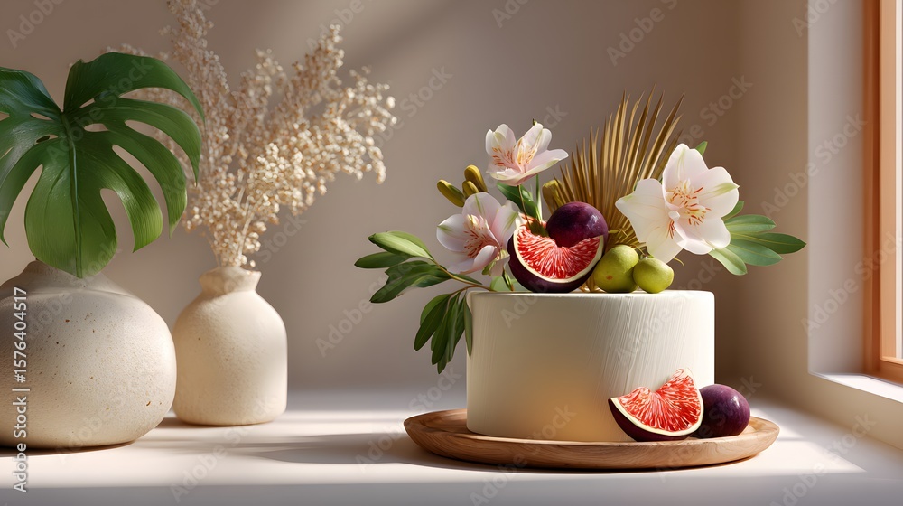 custom made wallpaper toronto digitalElegant White Cake Decorated with Fresh Fruits and Beautiful Flowers in a Cozy Interior Setting