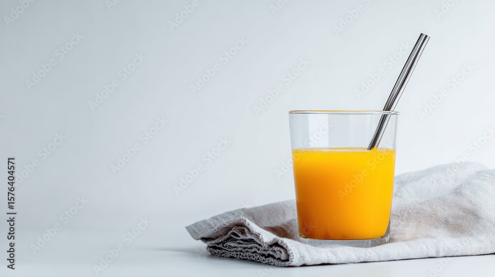Fototapeta premium Glass of orange juice with a metal straw on a linen cloth