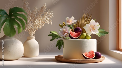 Wallpaper Mural Elegant White Cake Decorated with Fresh Fruits and Beautiful Flowers in a Cozy Interior Setting Torontodigital.ca