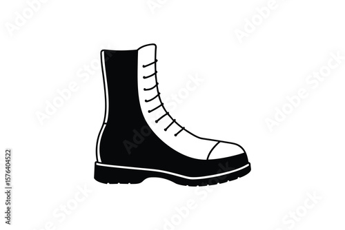 High Top Lace Up Boot Illustration in Black and White Isolated on White Background Showing Silhouette Style silhouette